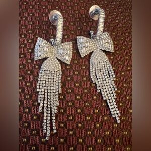 Silver Rhinestone Bow Drop Earrings